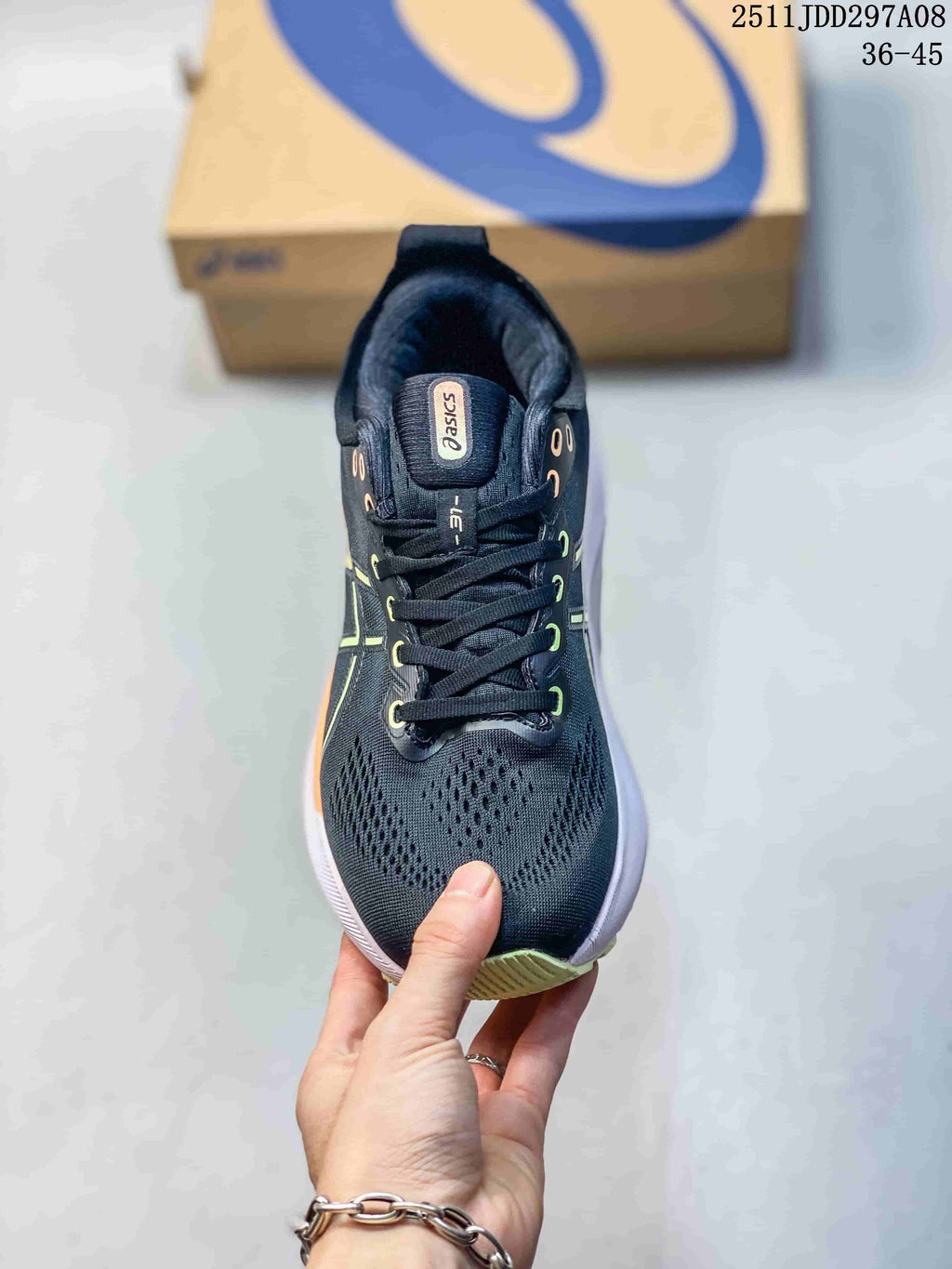 Top view of the lace-up shoe showing its dark upper and padded collar.