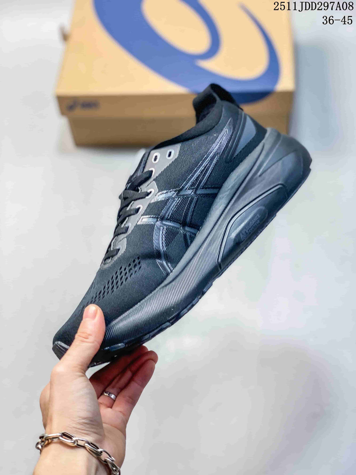 Side profile of a dark charcoal ASICS running sneaker with sculpted sole