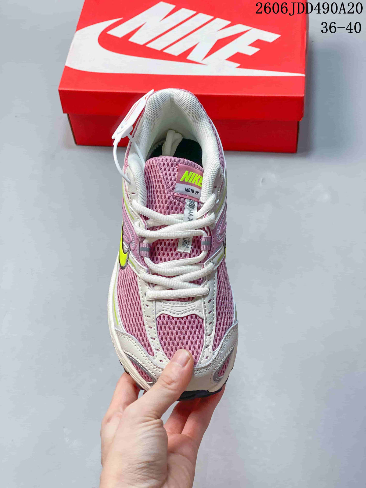 Top view of a Nike Air Max Moto 2K sneaker showing its mesh panels and lace-up front