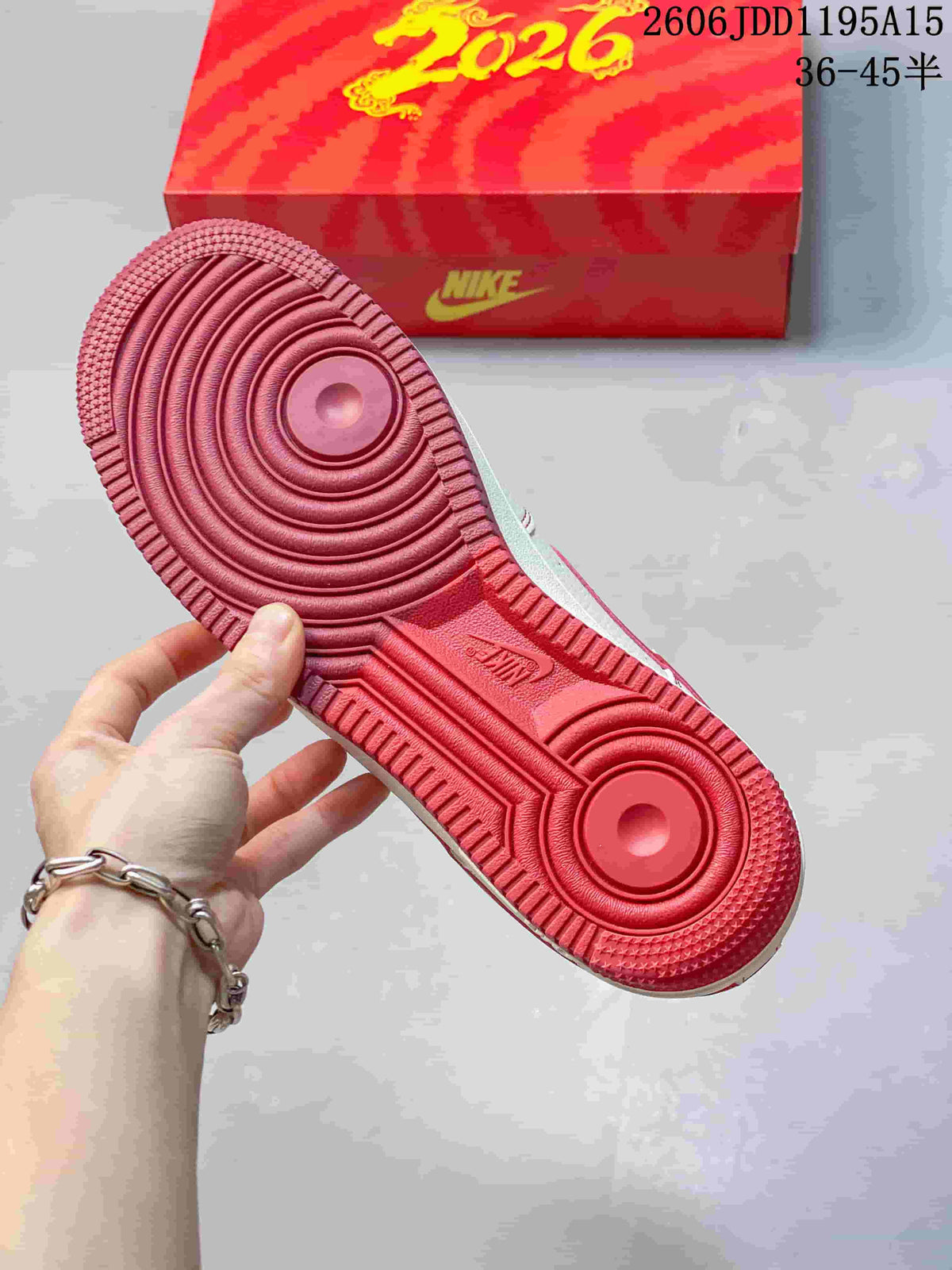 Red outsole of the Nike Air Force 1 Low beside a red 2026 presentation box