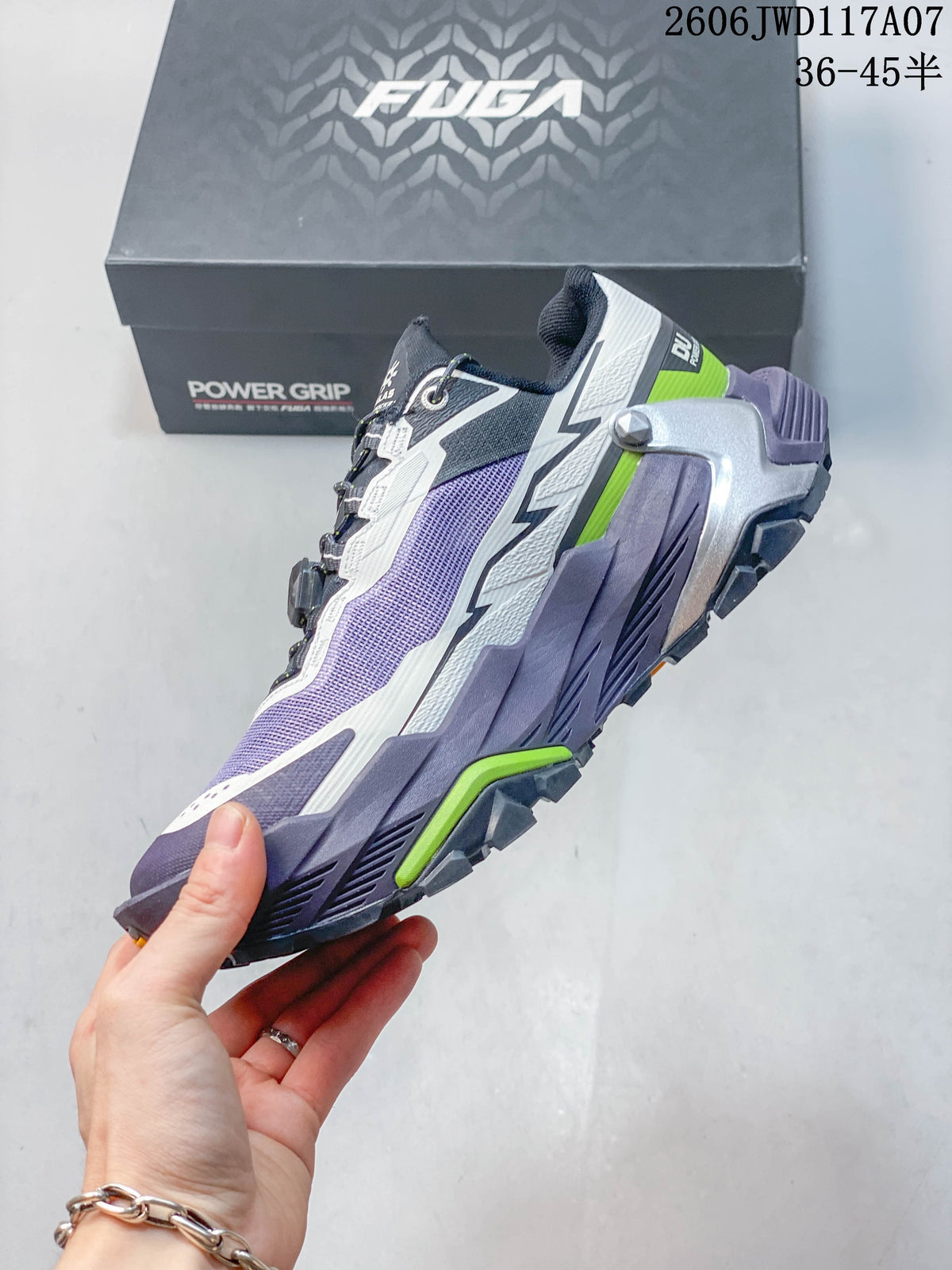 Side view of a purple trail shoe with white detailing, green accents, and deep outsole lugs.