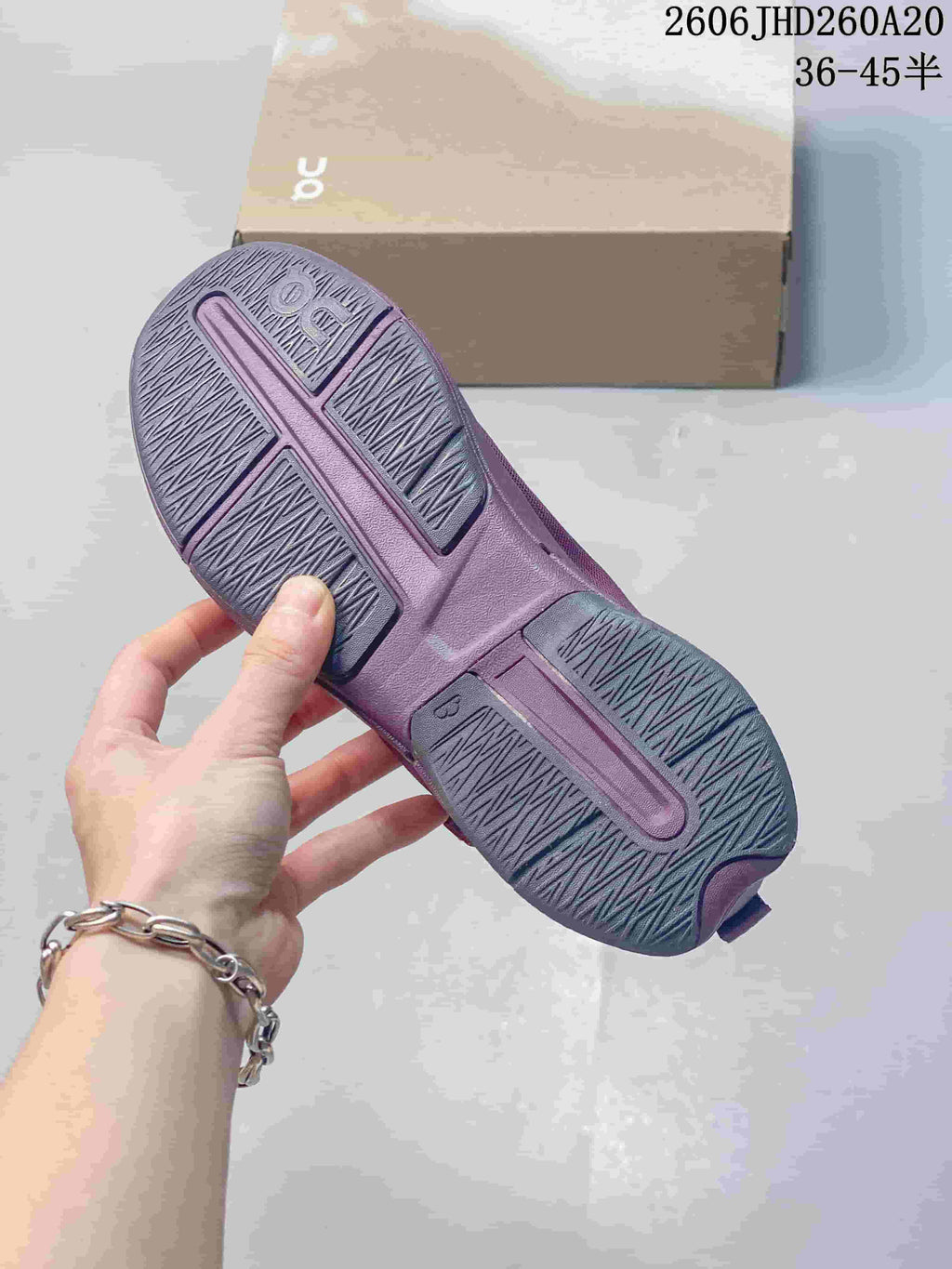 Close-up of the purple patterned outsole on the On Cloudnova Moon shoe