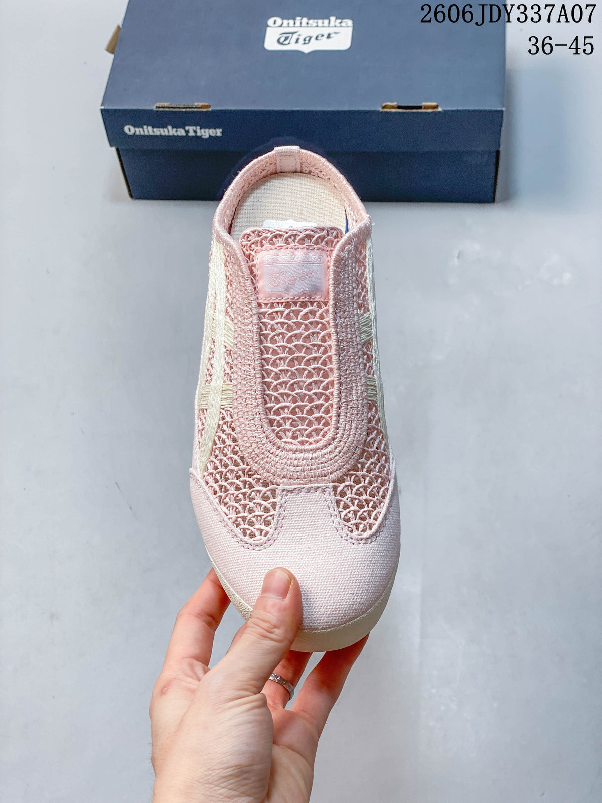 Top view of the pink shoe showing its patterned upper and open-back design