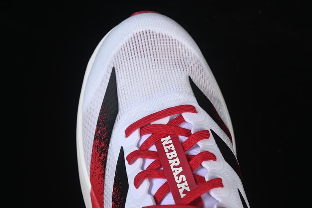 Top view of the white toe and red laces