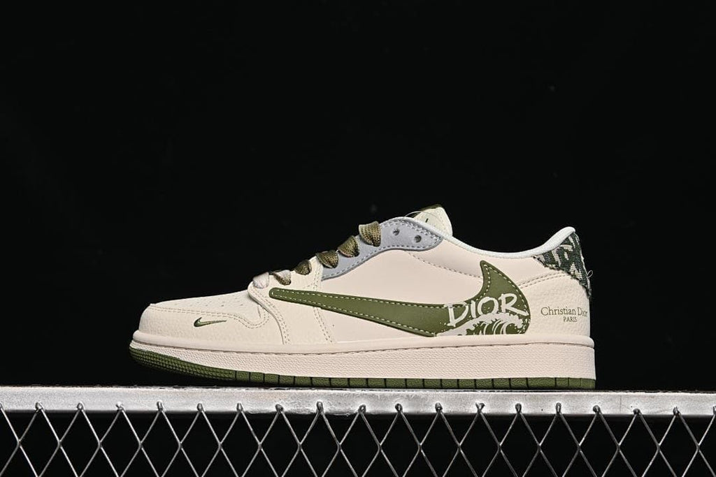 Side view of a light neutral and olive-green low-top sneaker with patterned heel detail.