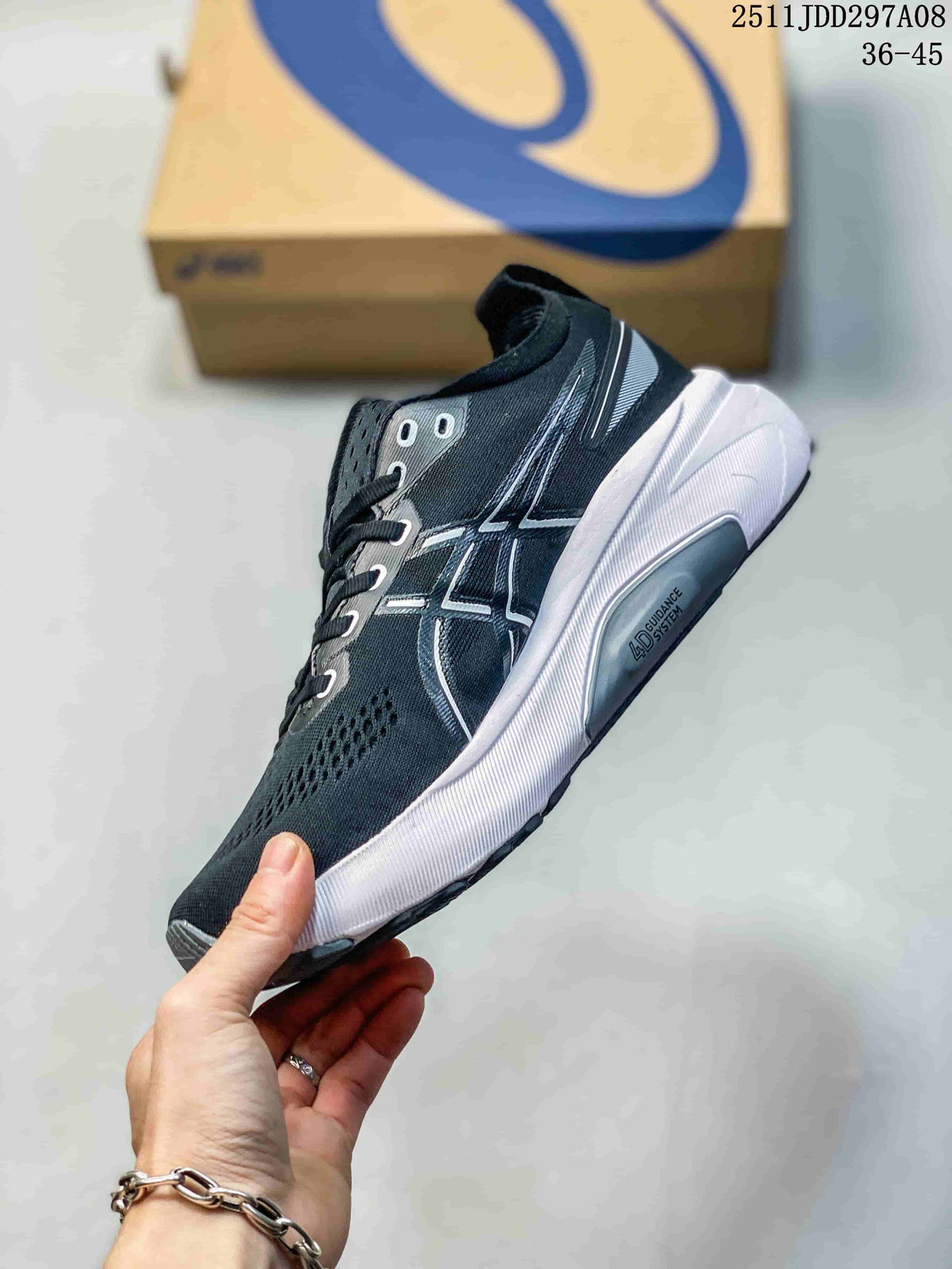 Side profile of a navy ASICS running shoe with silver-tone detailing and a white midsole.