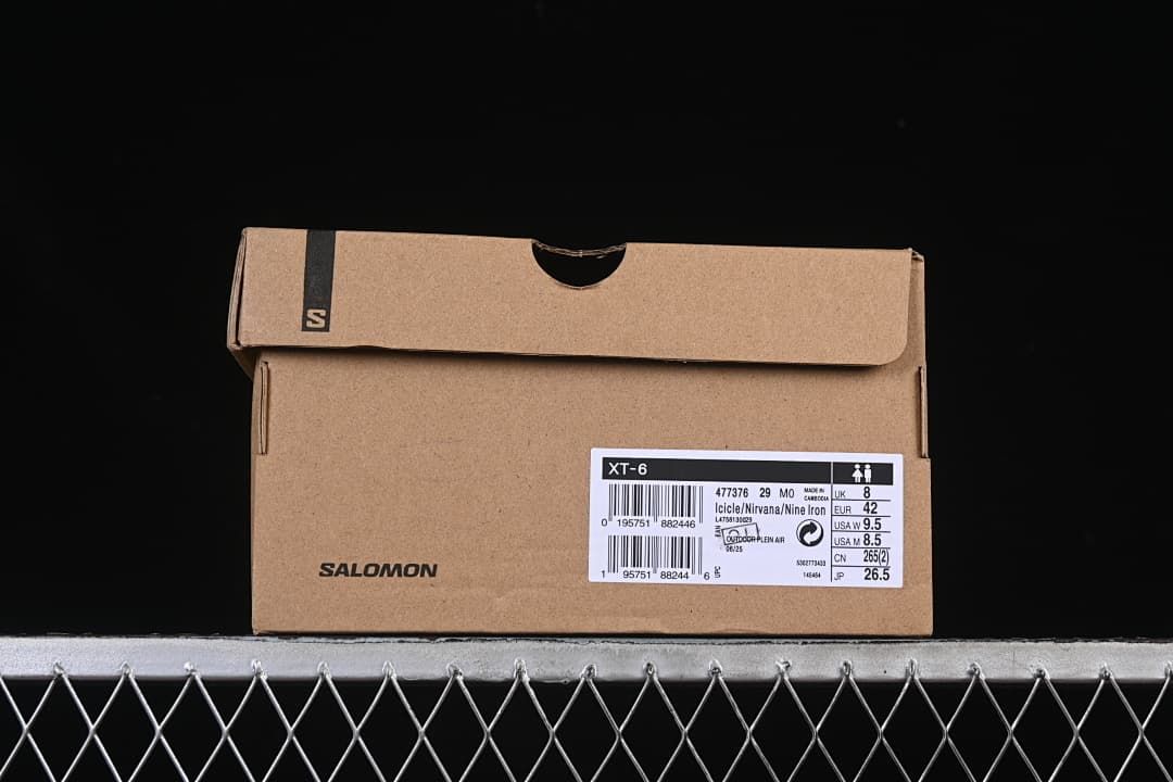 Salomon XT-6 shoe box label showing style code 477376 29 and sample EU 42