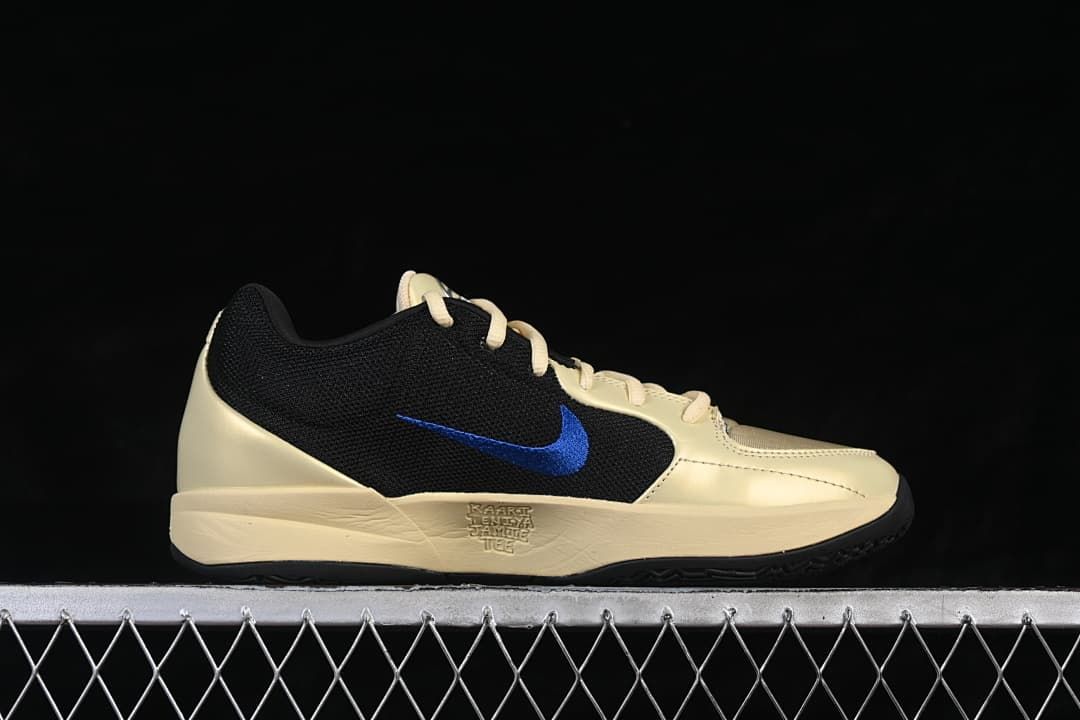 Side view showing black mesh, blue Swoosh, and pale yellow midsole