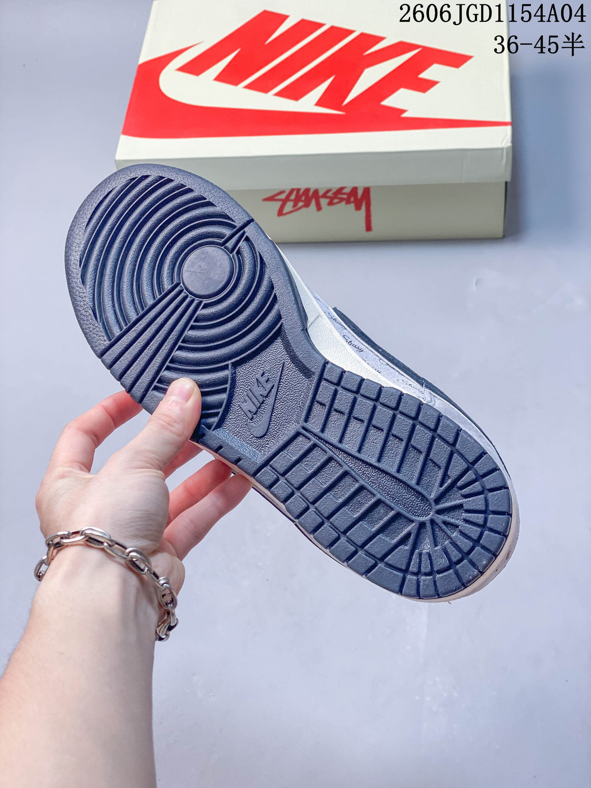 Close-up of the dark navy outsole tread on a Nike SB Dunk Low style sneaker