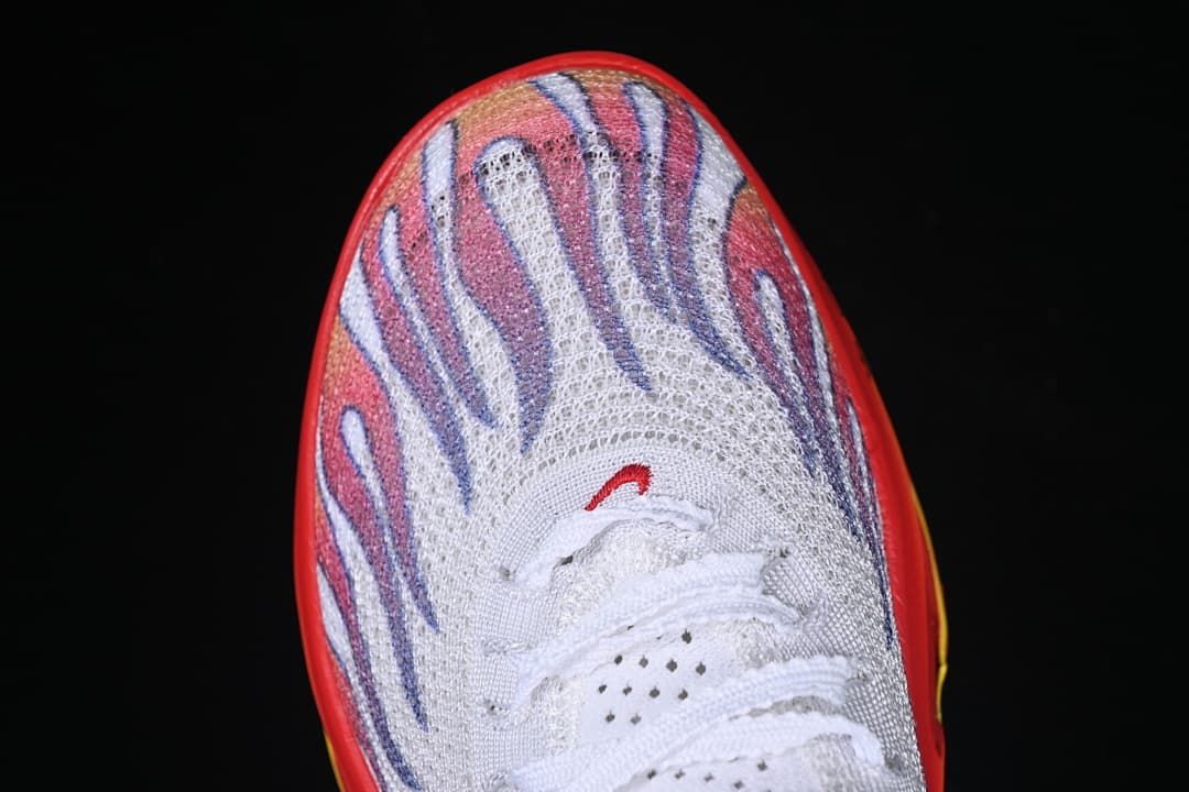 Top view of the shoe toe with multicolor flame-style graphics