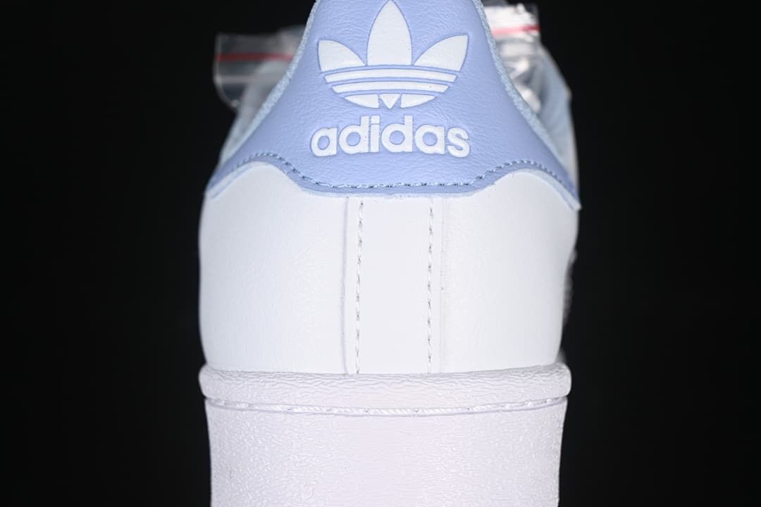Rear view showing the light blue heel tab and white sneaker upper