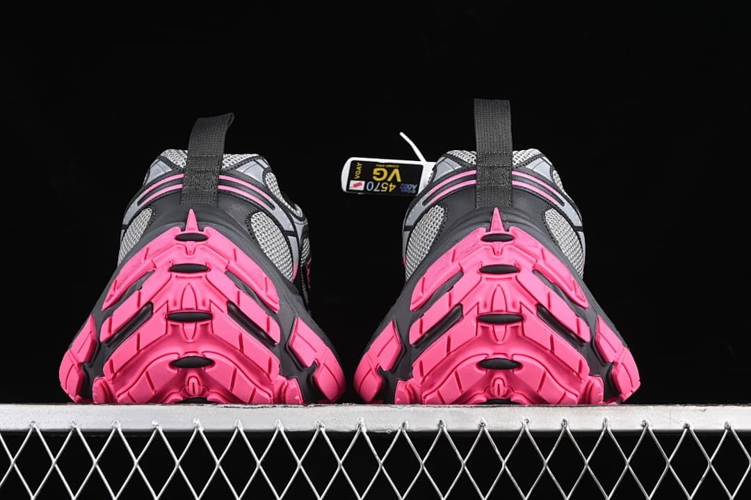 Rear view of the pair highlighting the bright pink outsole