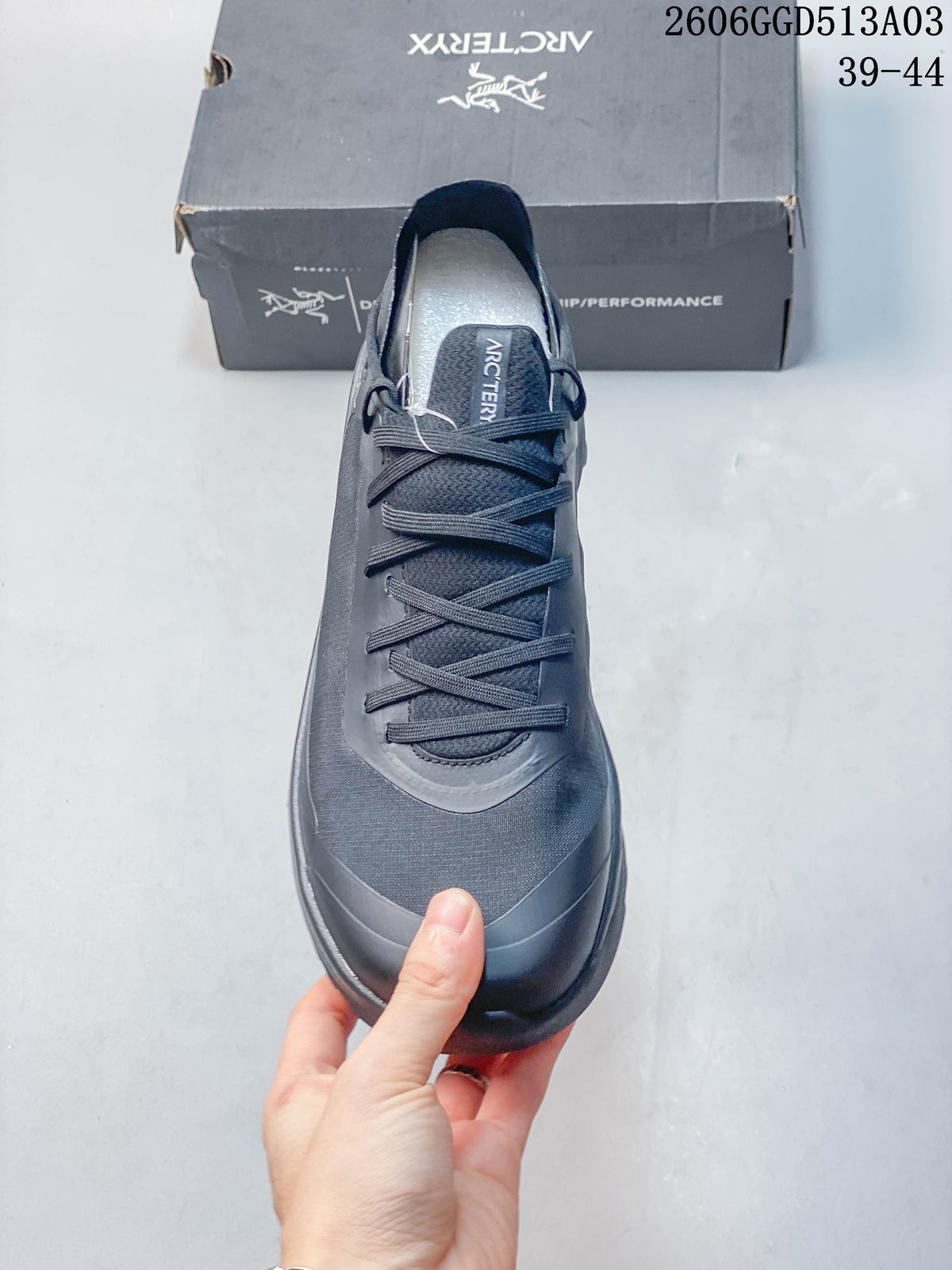 Top view showing the laces, tongue, and protective toe overlay