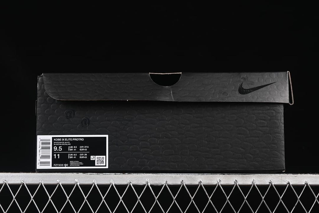 Black shoe box with a product label identifying Kobe IX Elite Protro and FZ7335-100