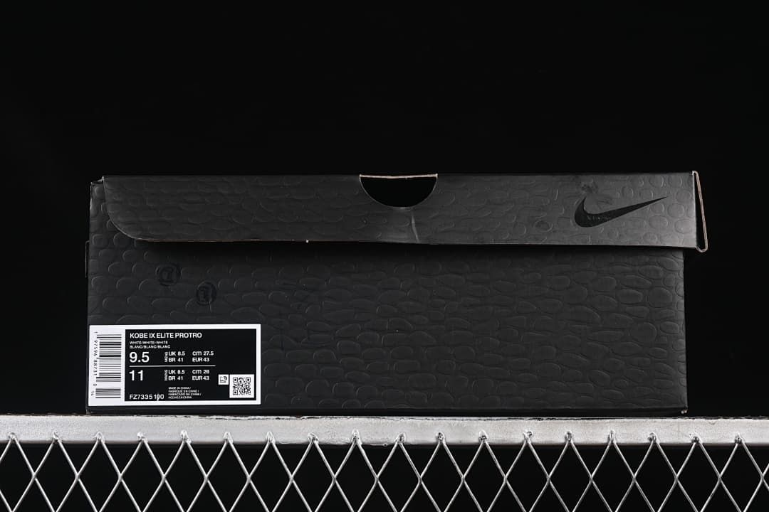 Black shoe box with a product label identifying Kobe IX Elite Protro and FZ7335-100