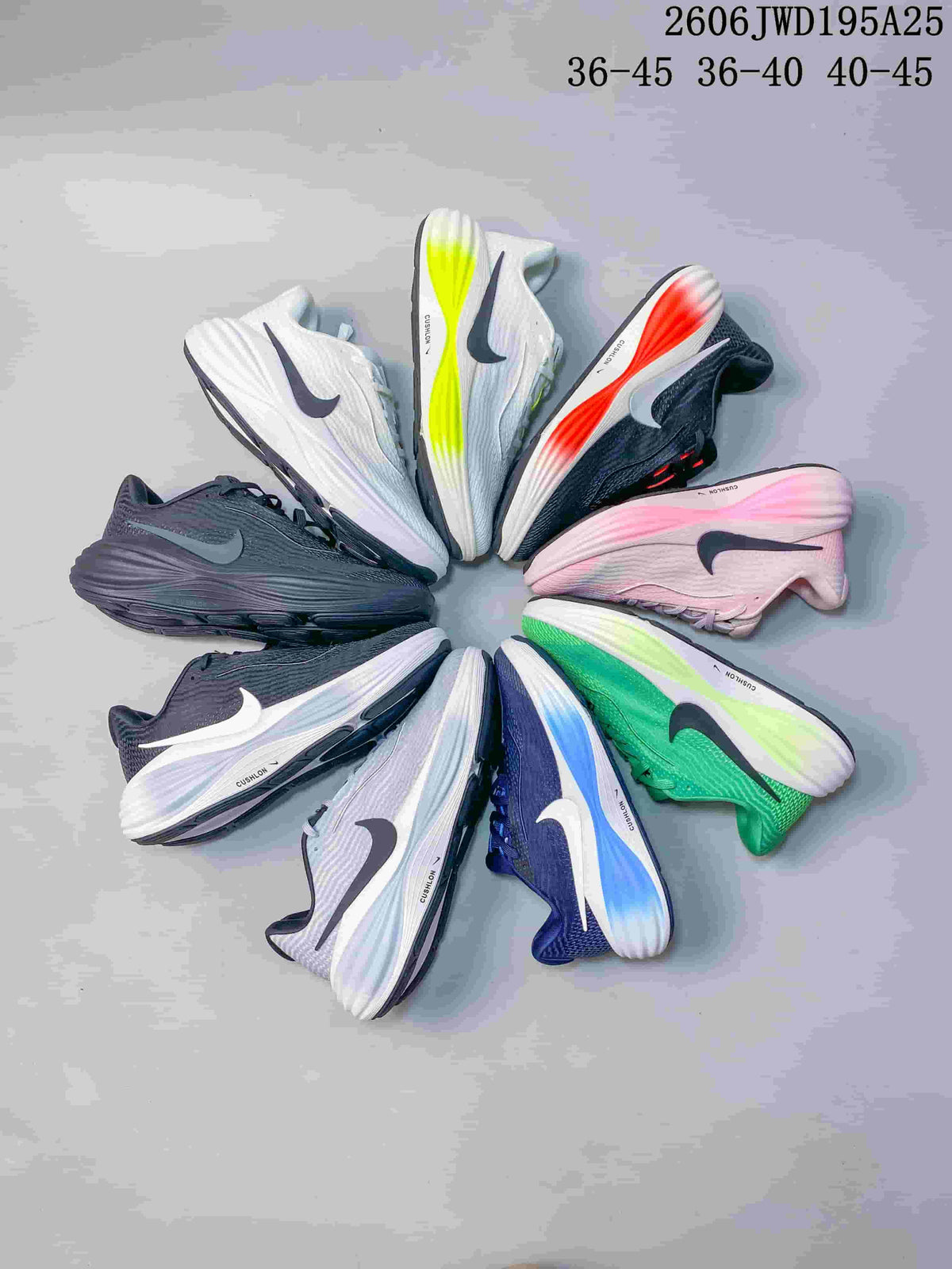 Several running shoe colorways arranged in a circle; image text shows size ranges 36–45, 36–40, and 40–45.