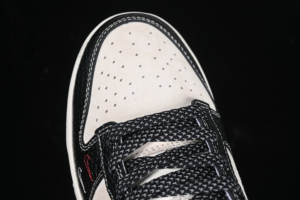 Top view of the perforated toe and patterned laces