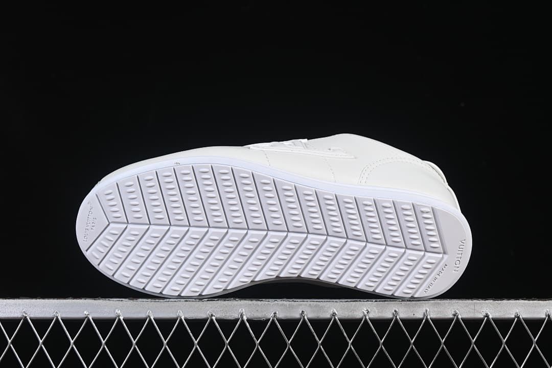 Underside view showing the patterned white outsoles