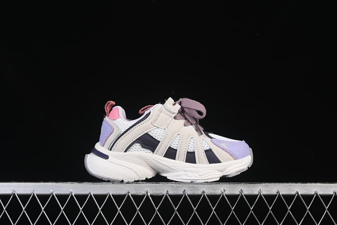 Side profile of one cream, white, lavender, navy, and pink sneaker