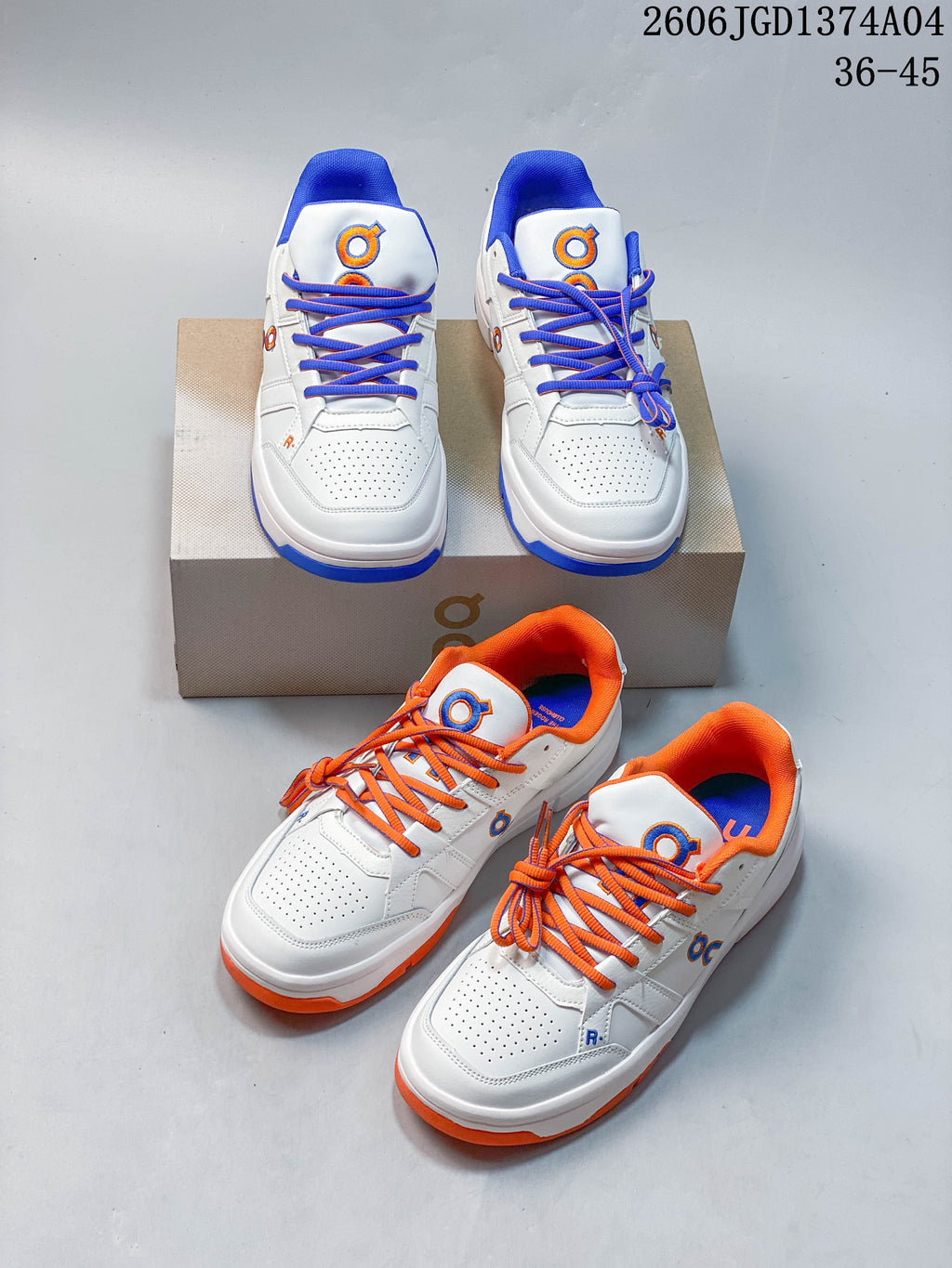White On THE Roger Clubhouse sneakers shown in blue- and orange-accented colorways