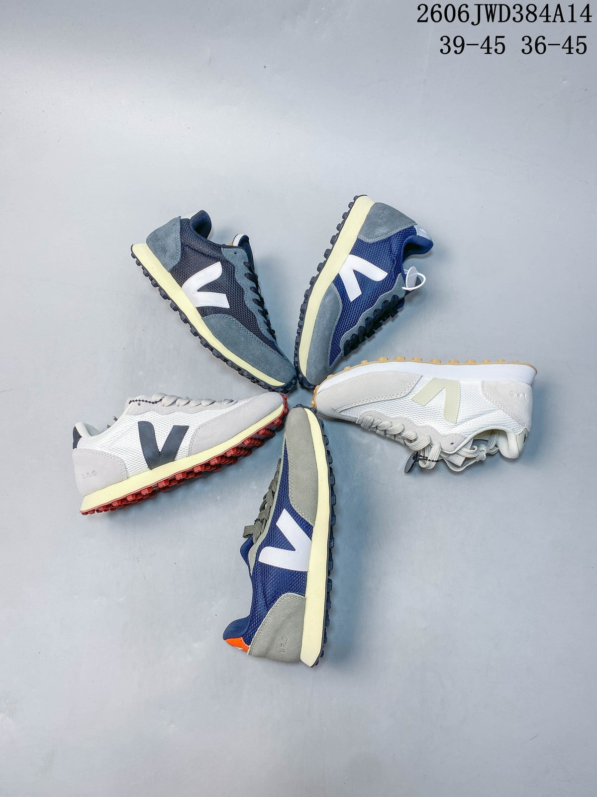 Several Veja sneakers arranged together to show different color combinations.