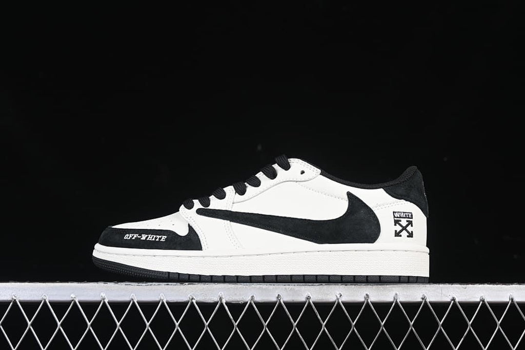 Side profile of a black-and-white low-top sneaker against a dark background.