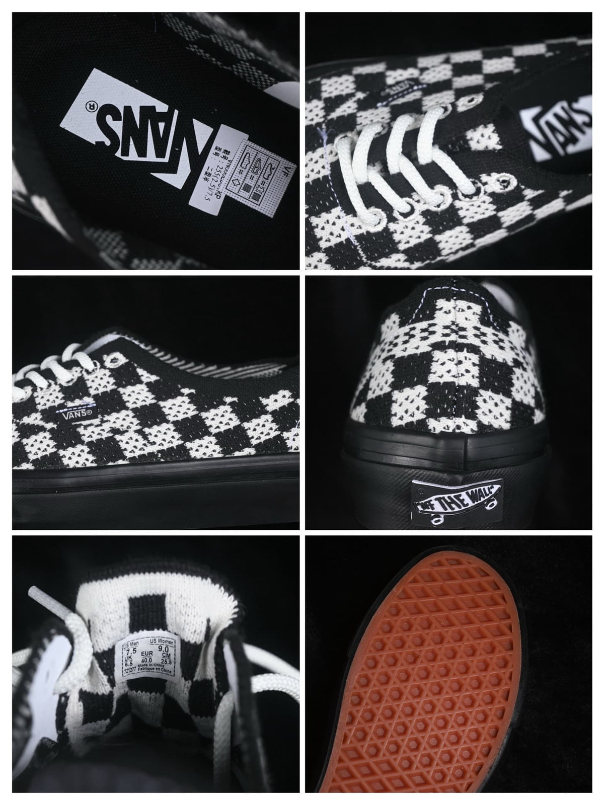 Collage showing Vans branding, checkerboard details, heel branding, the tongue size label and the waffle outsole.