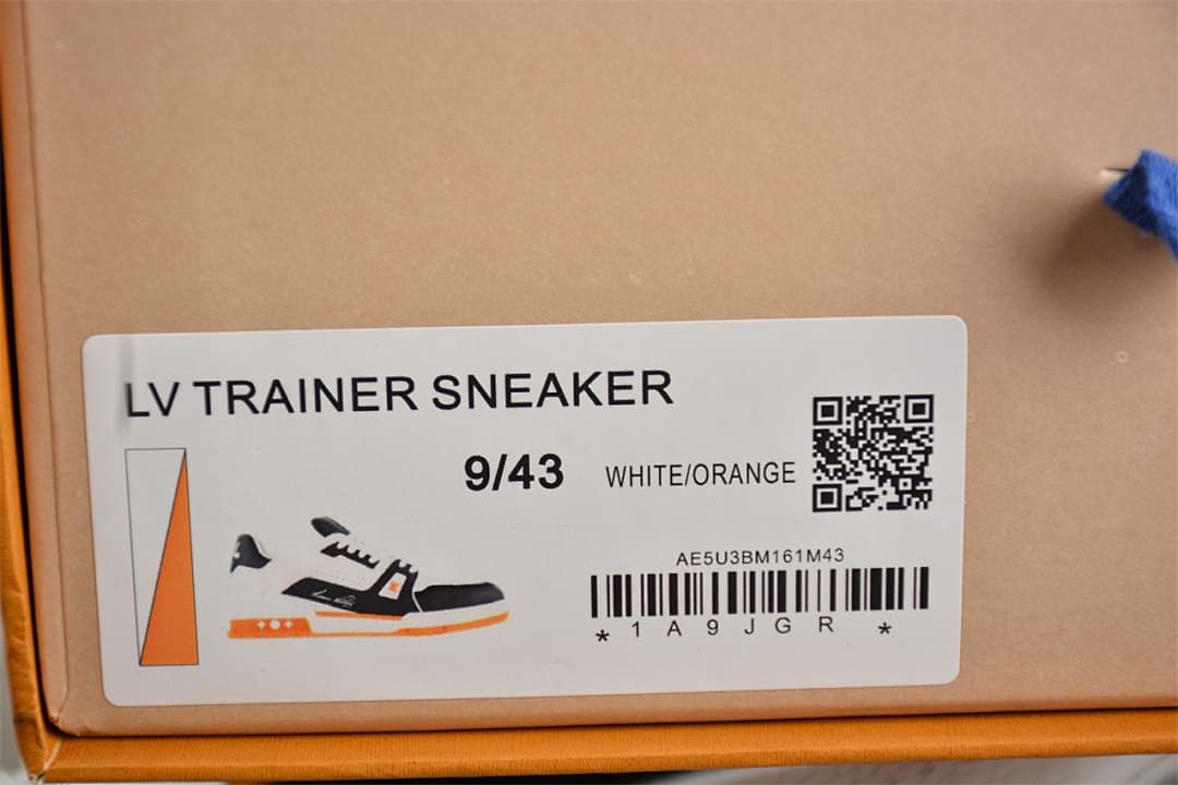 Shoebox label reading LV Trainer Sneaker, White/Orange, size 9/43