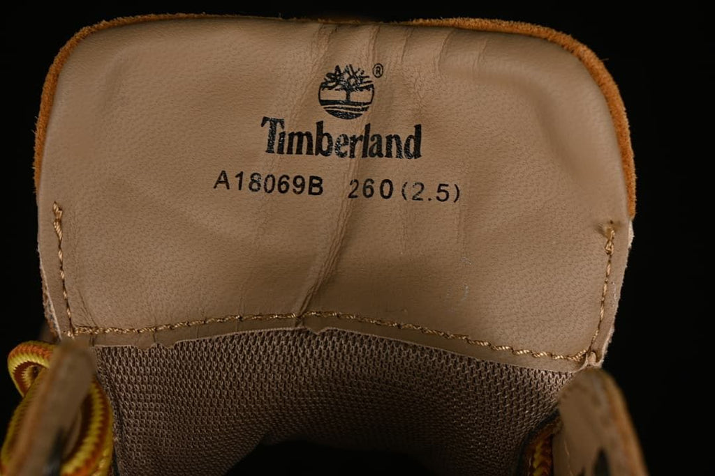 Tongue label showing Timberland branding, style code A18069B, and sample size markings