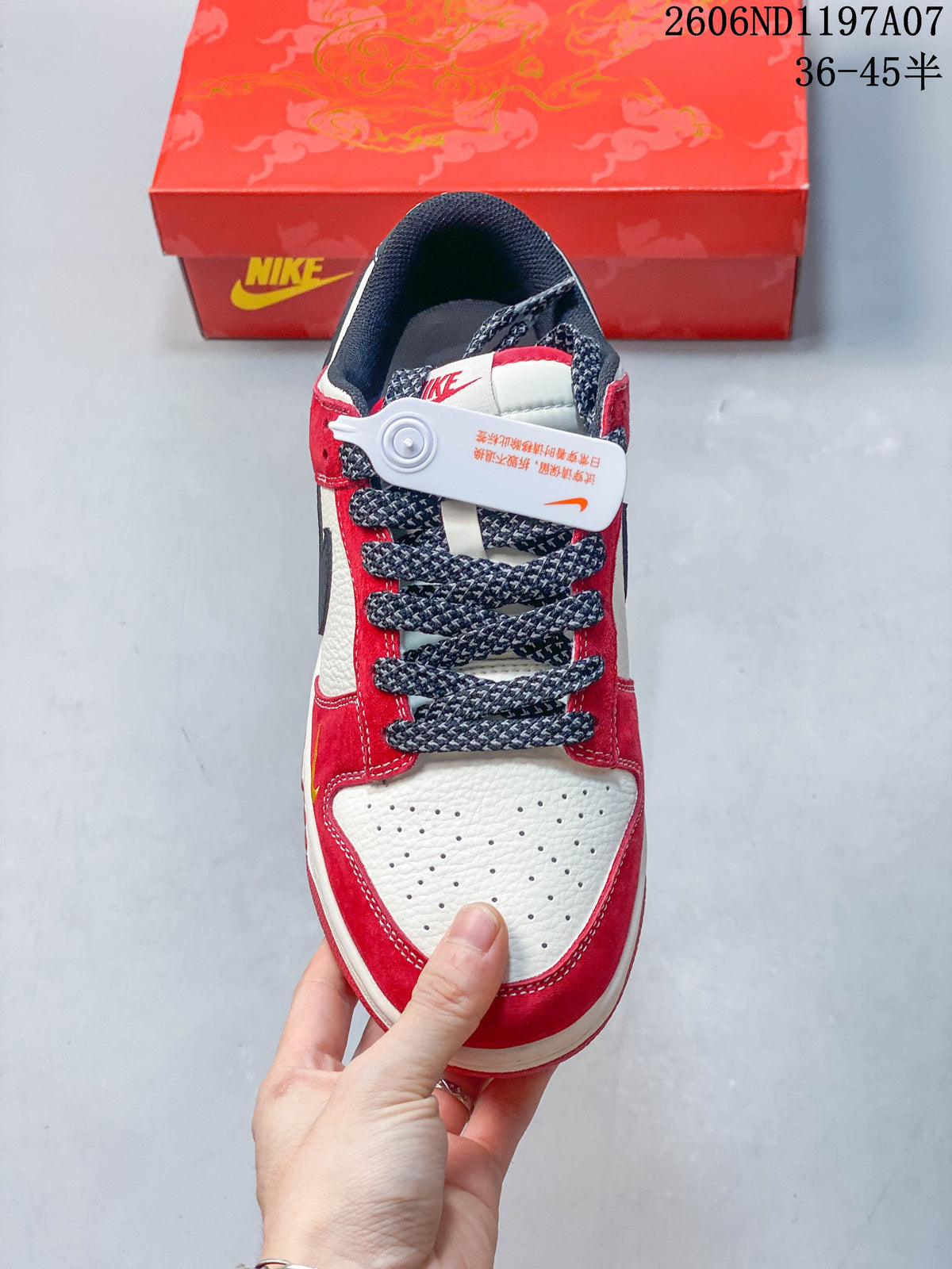 Top view showing perforated toe, patterned laces, and red overlays