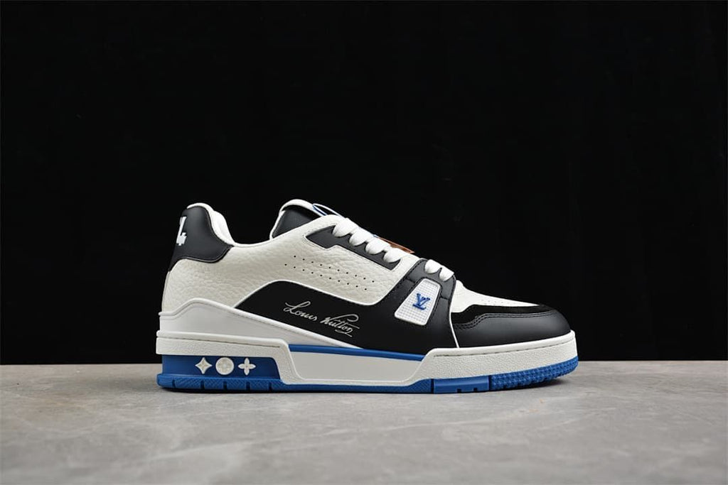 Side view highlighting the sneaker’s layered panels and blue sole