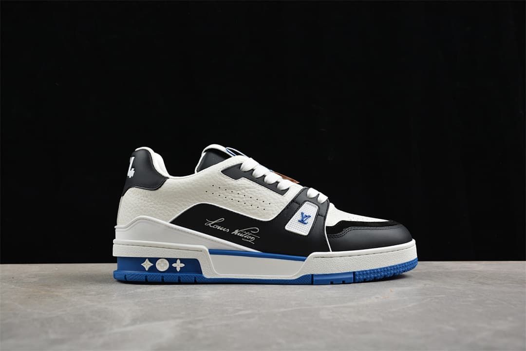 Side view highlighting the sneaker’s layered panels and blue sole