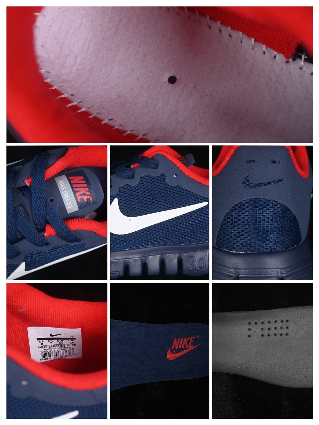 Detail collage showing the Nike Free 3.0 tongue label, perforated upper, heel branding, interior size label, and outsole details.