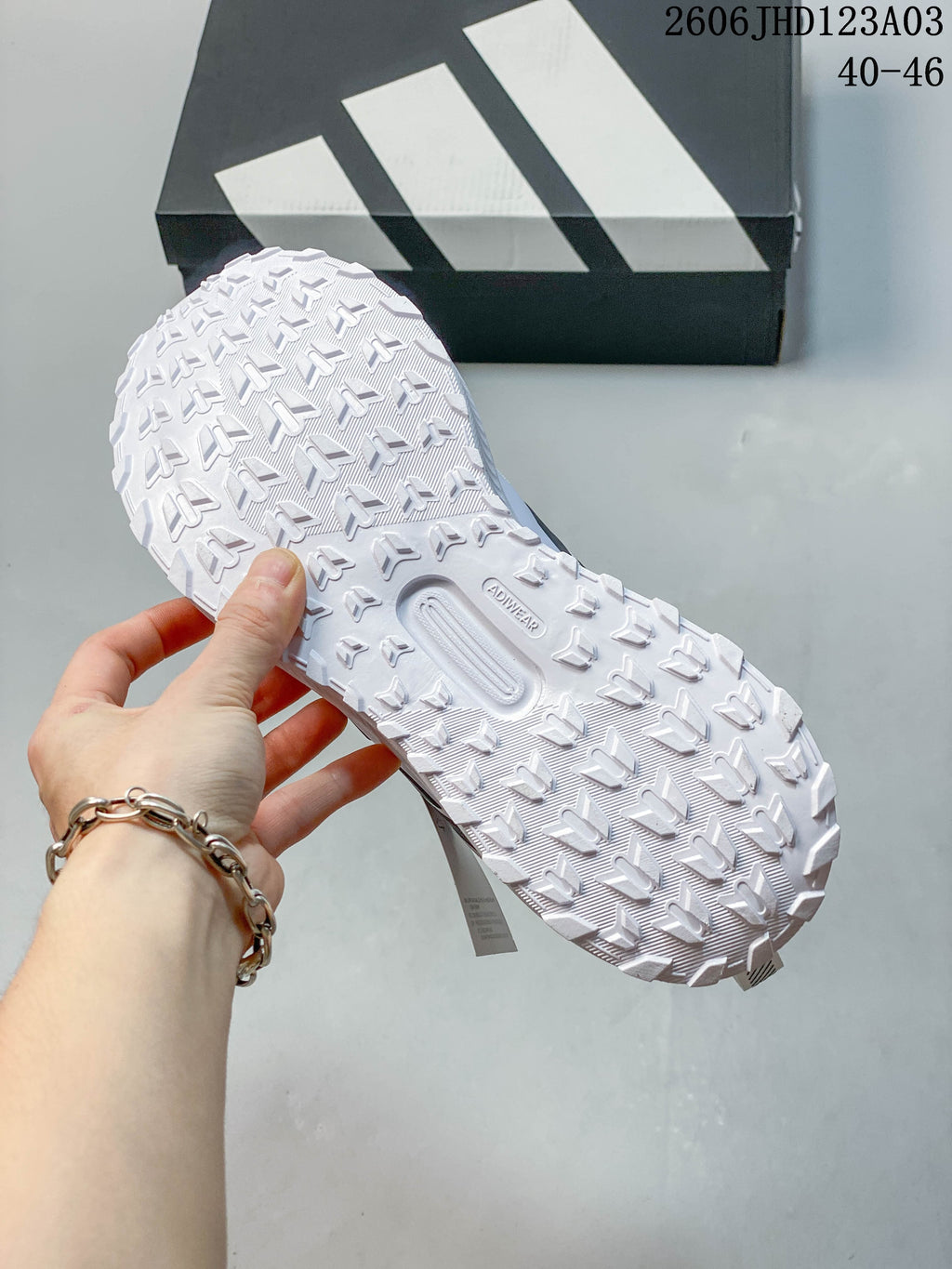 Close-up of the raised tread pattern on the sneaker outsole
