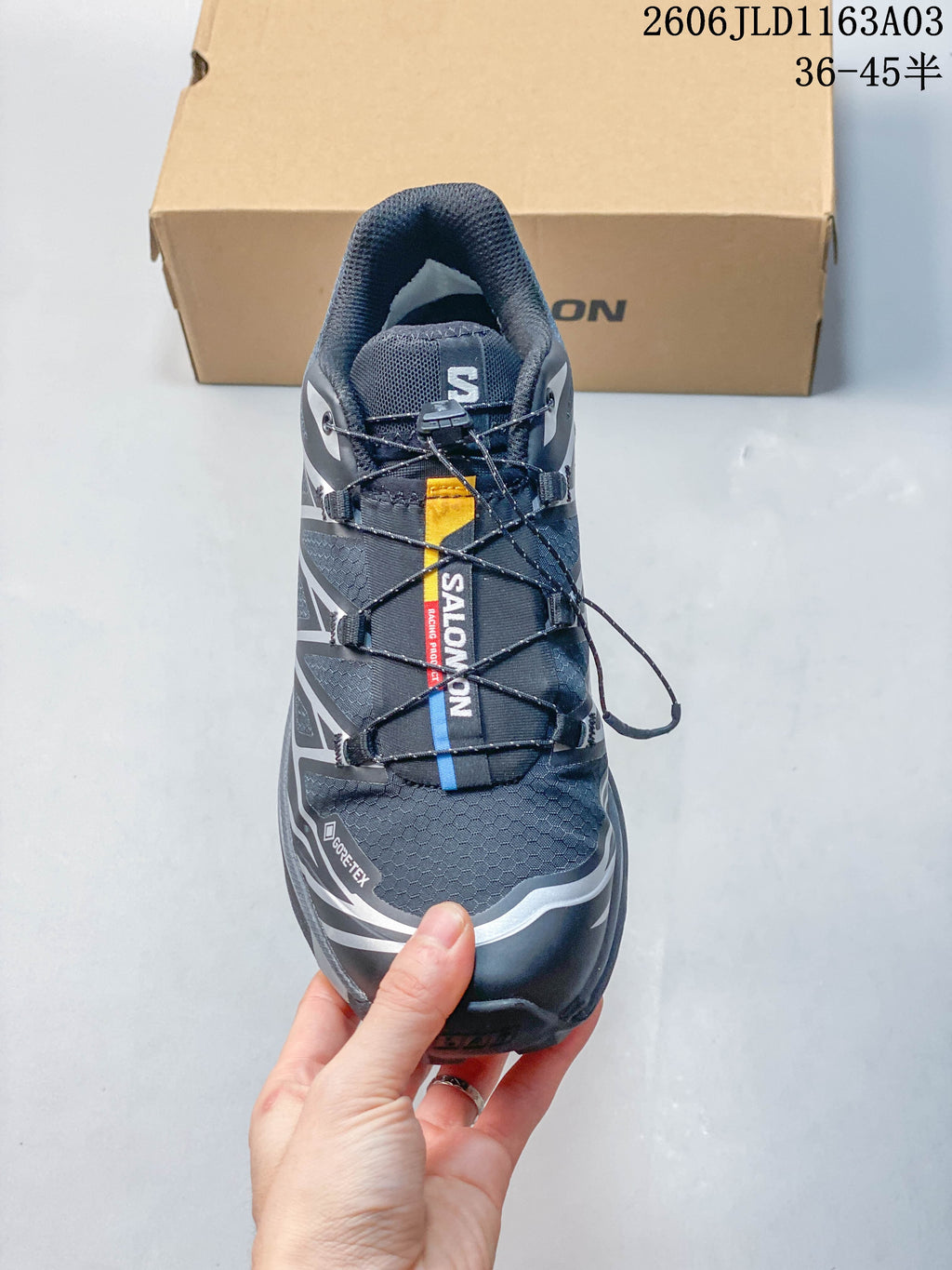 Top view of a Salomon XT-6 GTX sneaker showing the quick-lace system and GORE-TEX branding