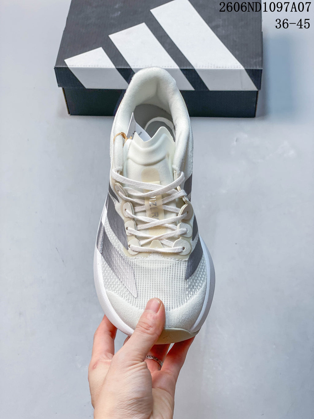 Top view of the adidas Adizero Evo SL showing its laces and textured upper.