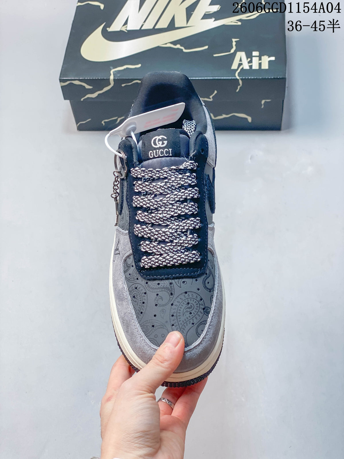 Front view showing patterned toe panels and contrast laces