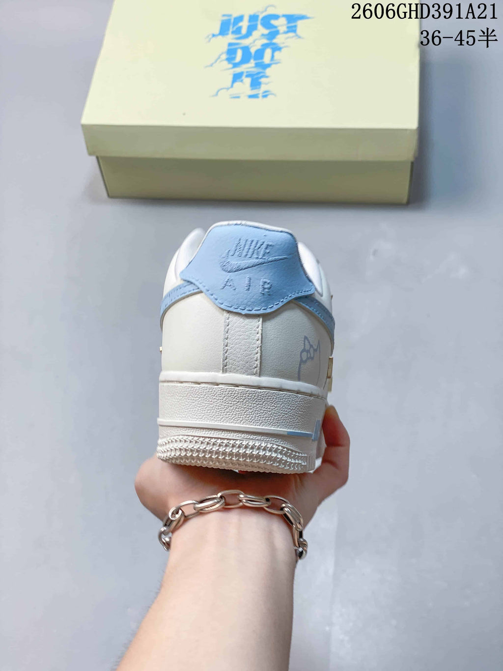 Heel view showing the light blue heel detail