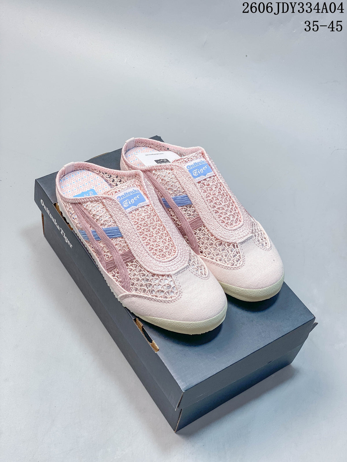 Pair of pale pink Onitsuka Tiger Mexico 66 Sabot slip-on shoes on a shoebox; image overlay shows size range 35–45.