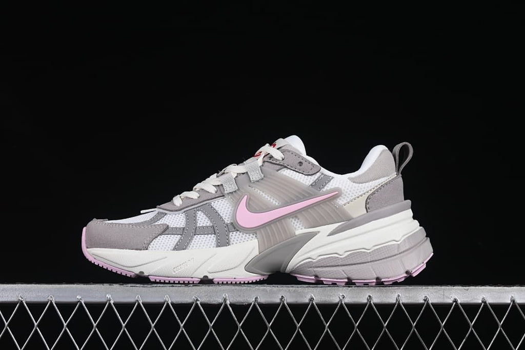 Side view of the Nike V2K Run Runtekk sneaker in white, gray, and pink