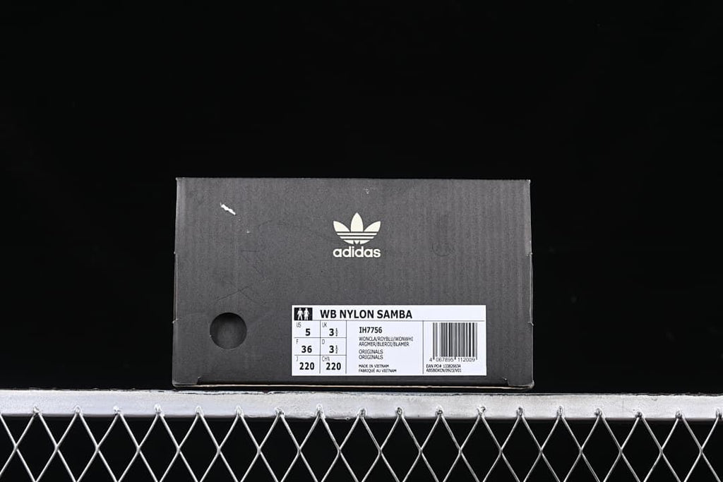 Shoe box label identifying WB Nylon Samba, style IH7756, and sample size US 5 / EU 36.