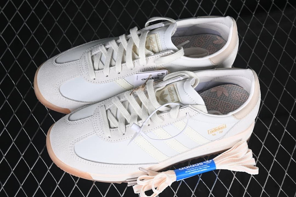 Pair of off-white adidas SL 72 RS sneakers shown from above