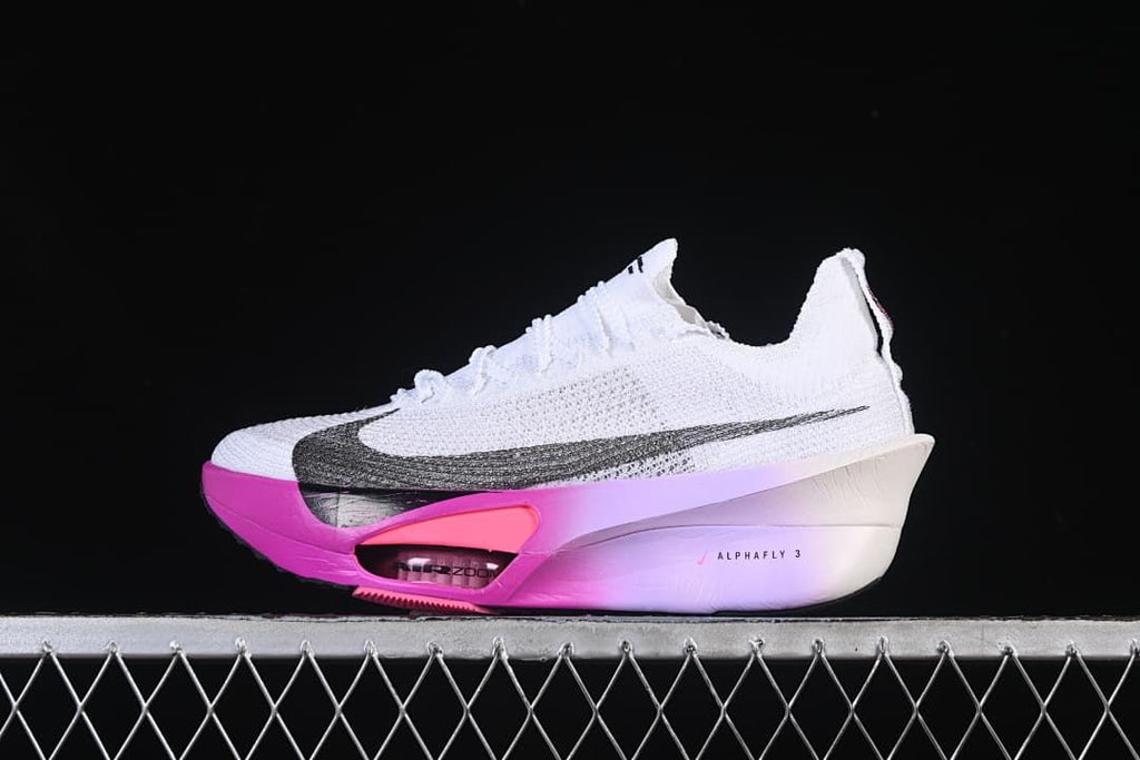Side view of a white shoe with a dark Swoosh and pink-to-lilac sole accents.