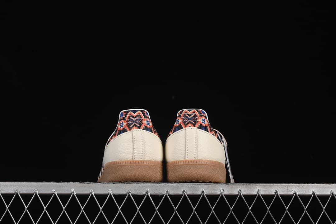 Rear view of both shoes showing patterned heel panels and gum soles