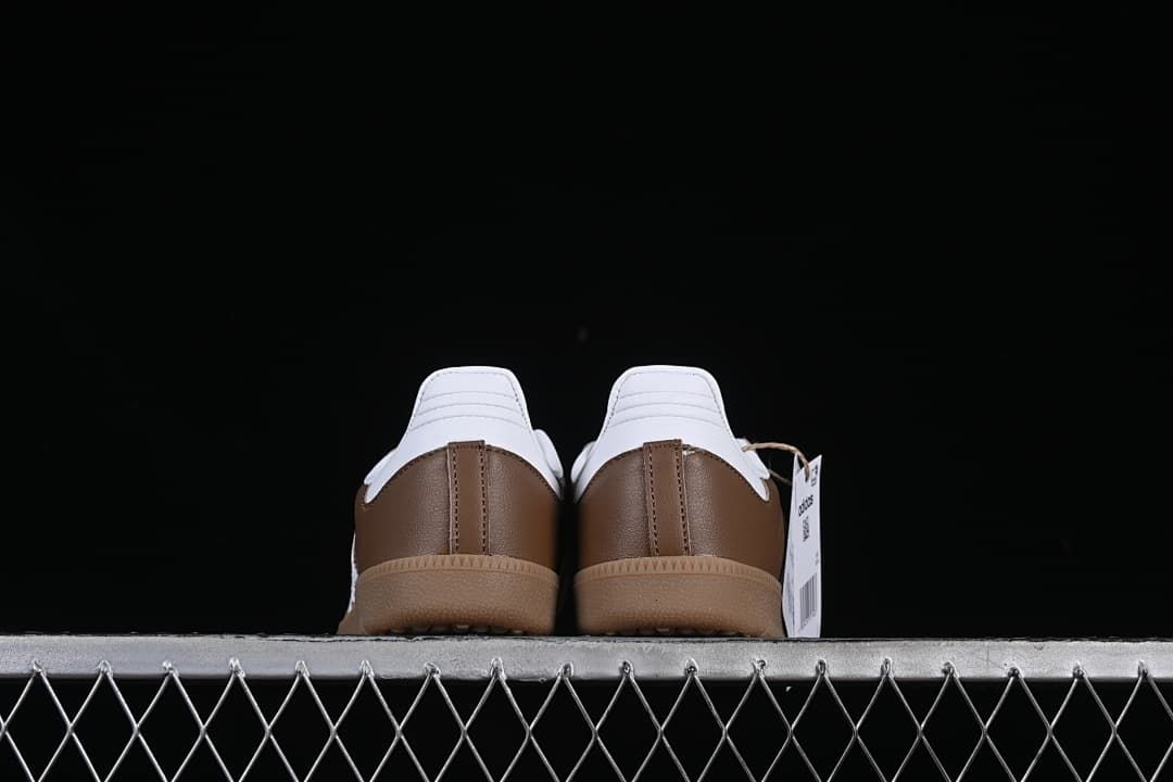 Rear view of the pair showing brown heel panels and white collars.