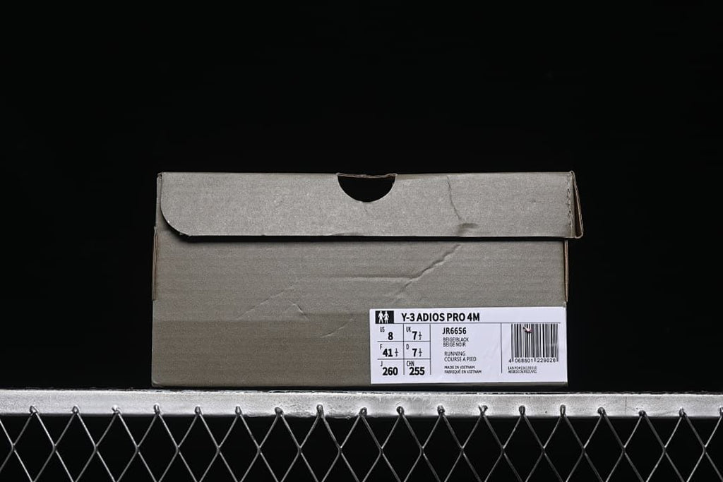 Shoe box label identifying Y-3 Adios Pro 4M, style JR6656, and photographed sample size US 8, UK 7½, EU 41⅓, JP 260 and CN 255
