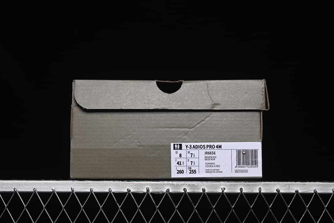 Shoe box label identifying Y-3 Adios Pro 4M, style JR6656, and photographed sample size US 8, UK 7½, EU 41⅓, JP 260 and CN 255
