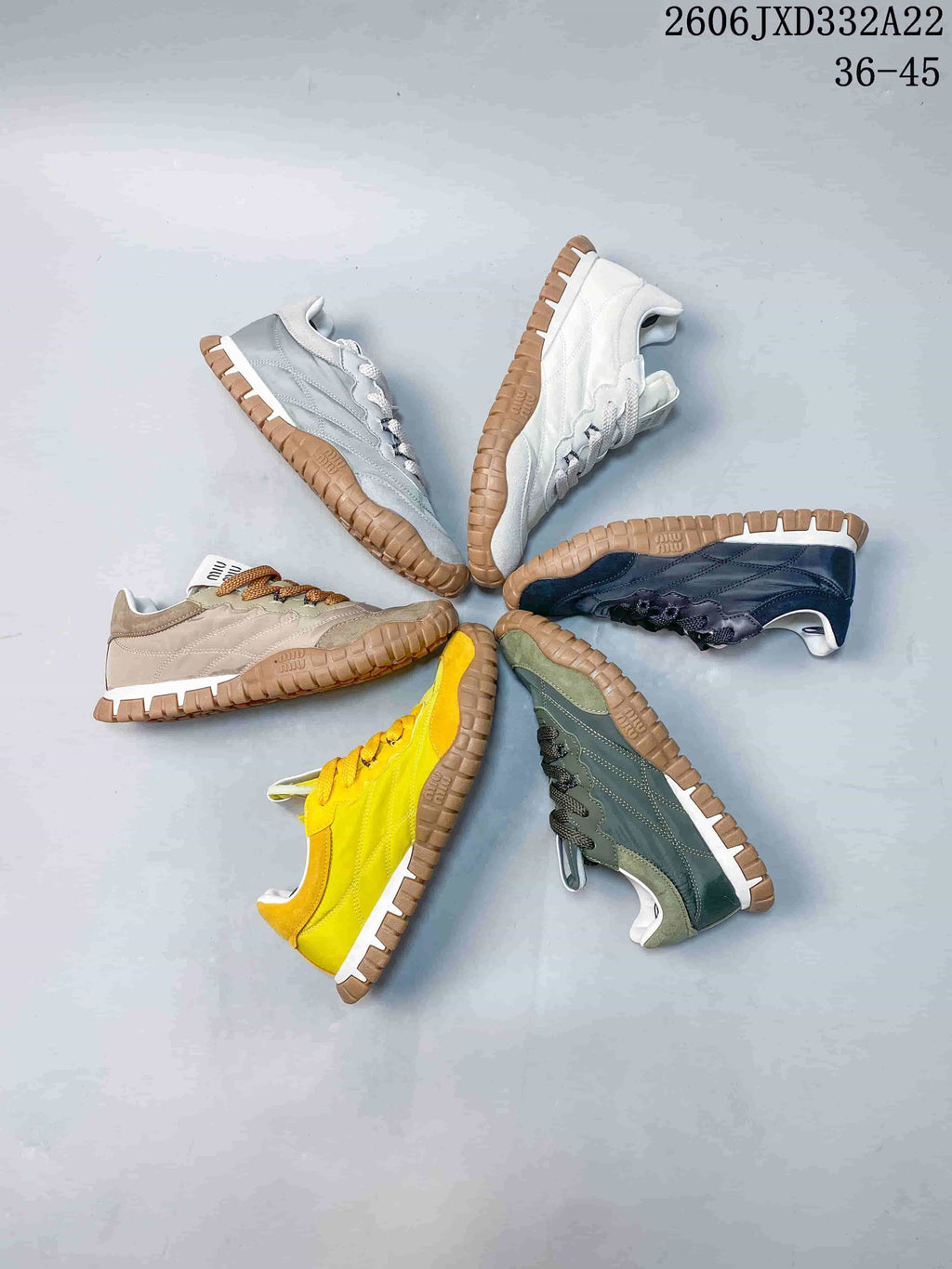 Miu Miu Tyre sneakers shown in multiple colorways; image text displays the size range 36–45 and code JXD332A22