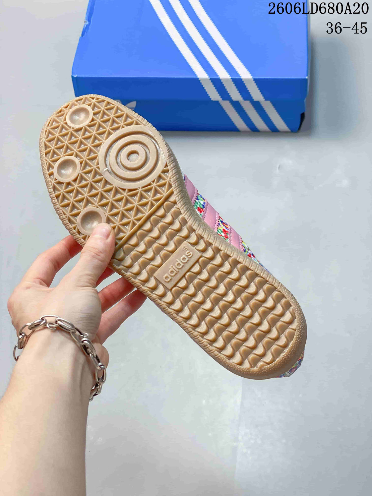 Close-up of the gum-colored outsole with textured tread