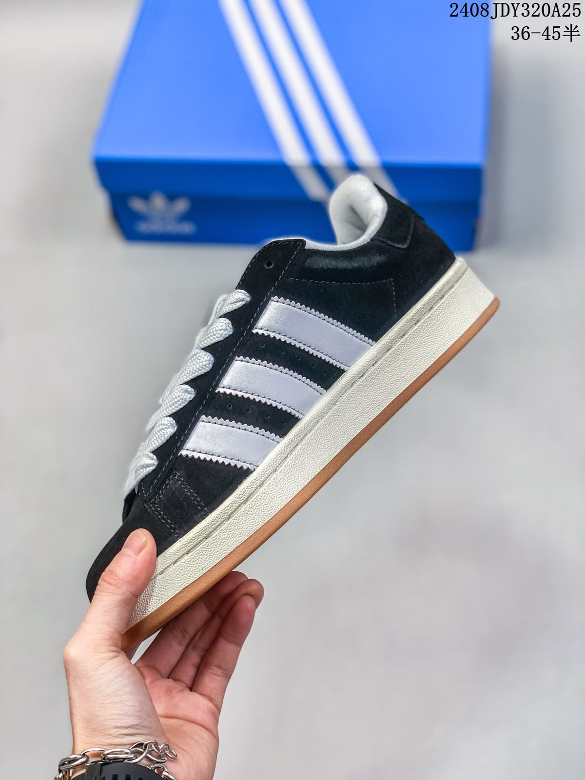 Side profile of a black Campus low-top with contrasting side stripes, an off-white midsole, and gum outsole.